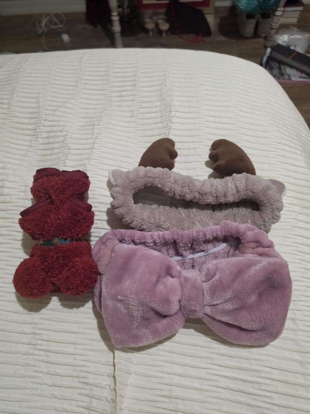 Plush Bow and Deer Antler Headband And Washcloth Set - Pink, Mauve, Red